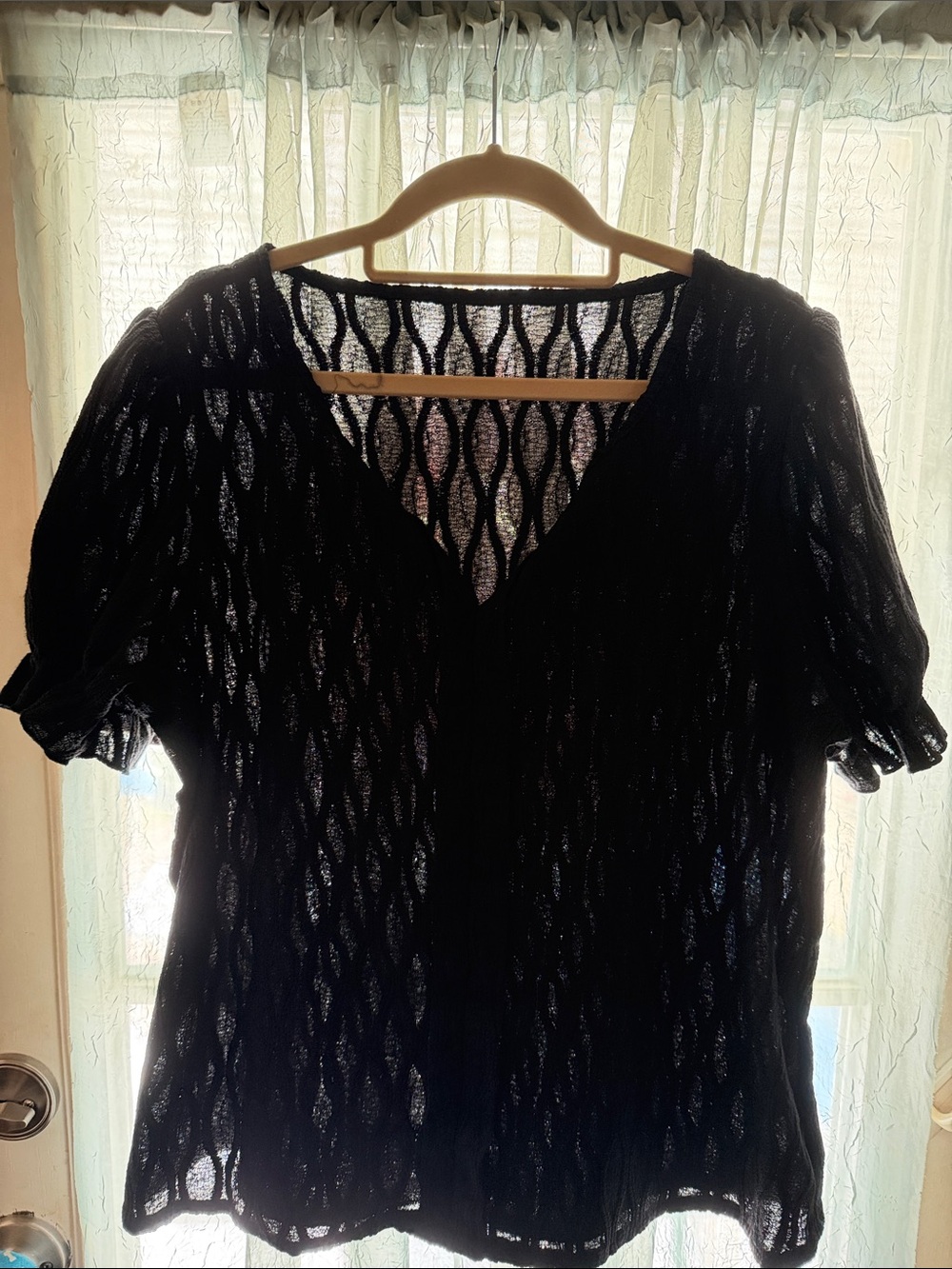 Black Sheer Knit V-Neck Women’s Blouse